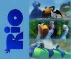 Rio Logo onun kahramanları üç film: macaws Blu, Jewel ve tucan Rafael